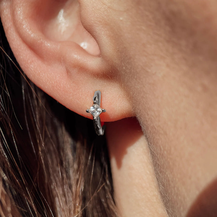 Small Diamond Huggie Minimalist Silver Hoop Earrings