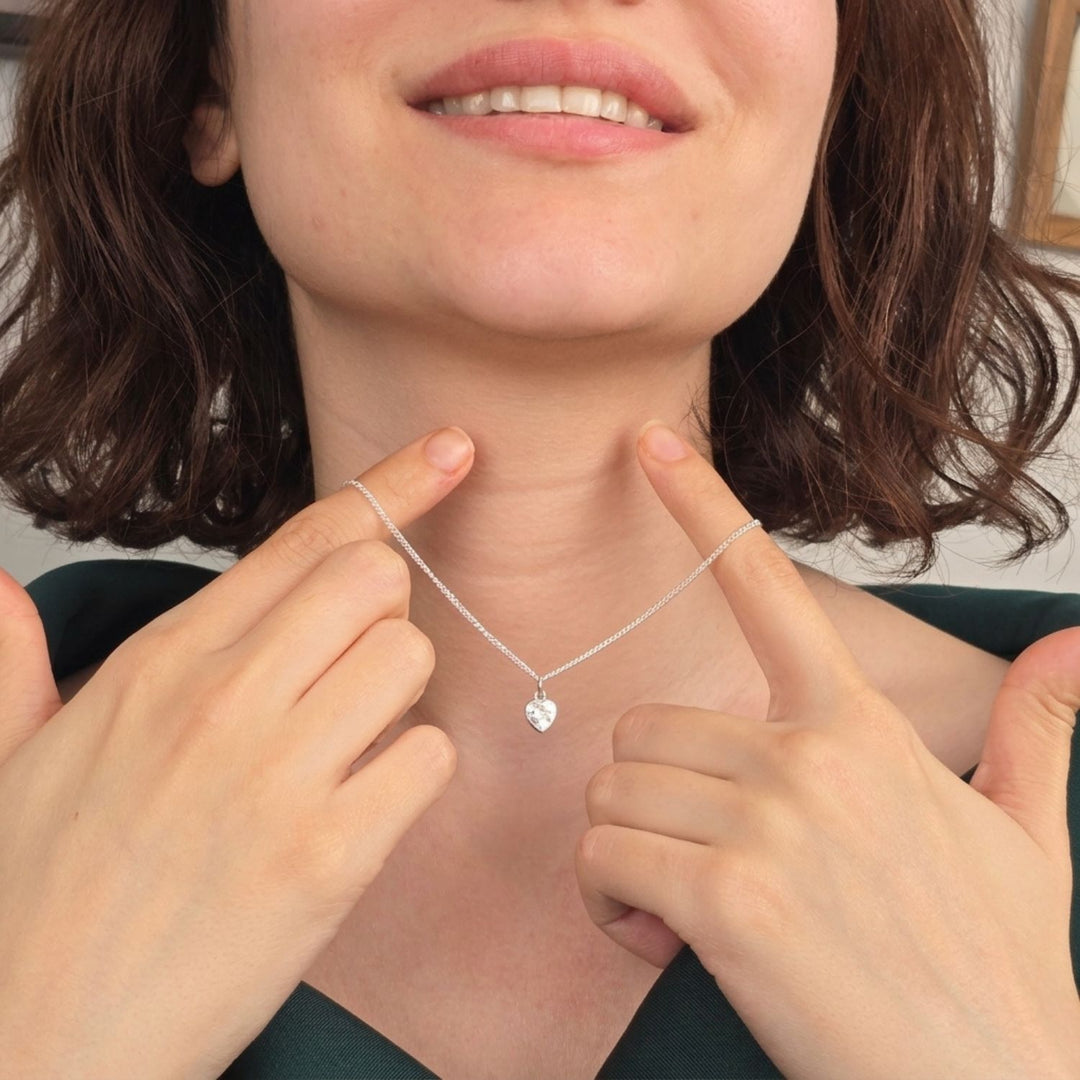Mini Heart Silver Diamond April Birthstone Necklace