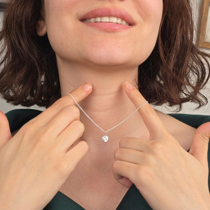 Mini Heart Silver Diamond April Birthstone Necklace