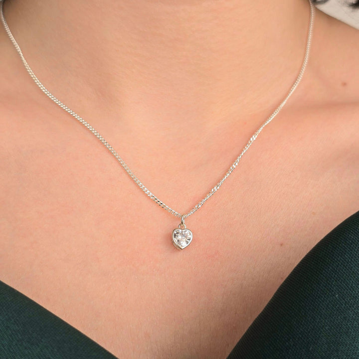 Mini Heart Silver Diamond April Birthstone Necklace