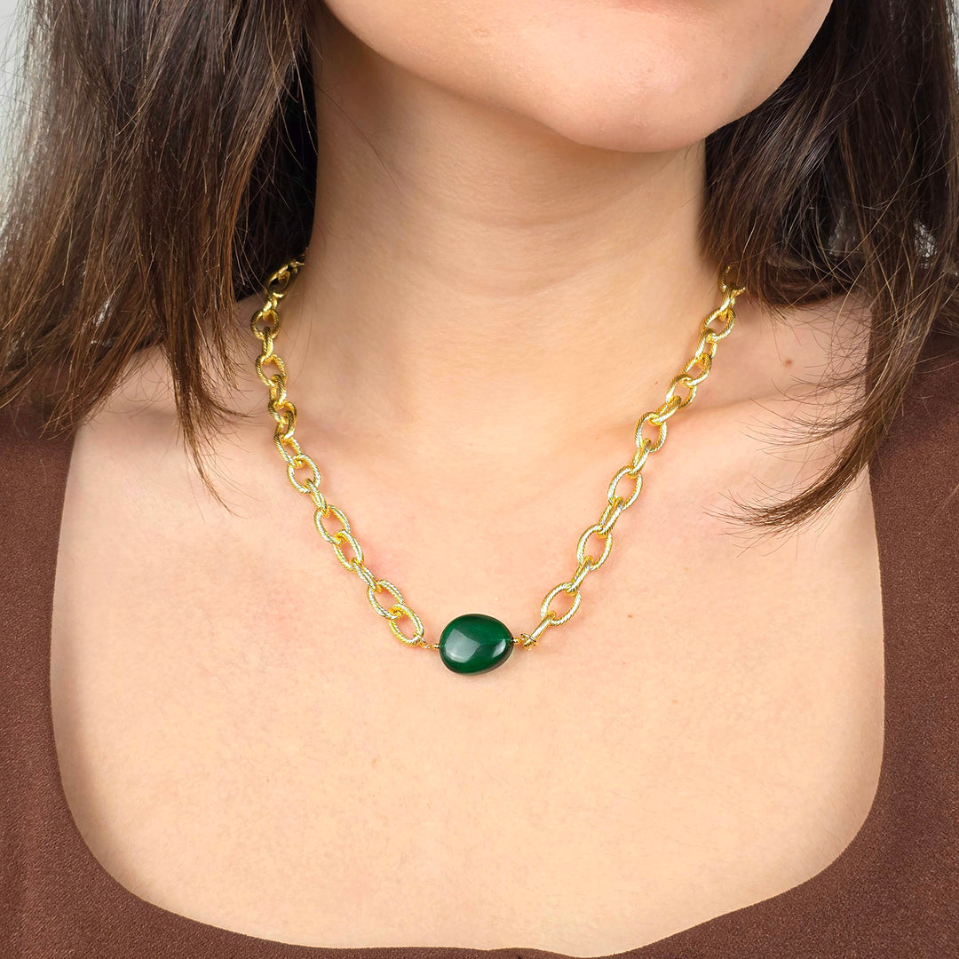 Statement Glass Emerald Paperclip Gold Plated Necklace