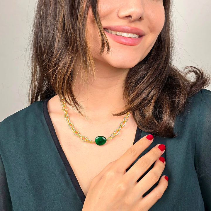 Statement Glass Emerald Paperclip Gold Plated Necklace