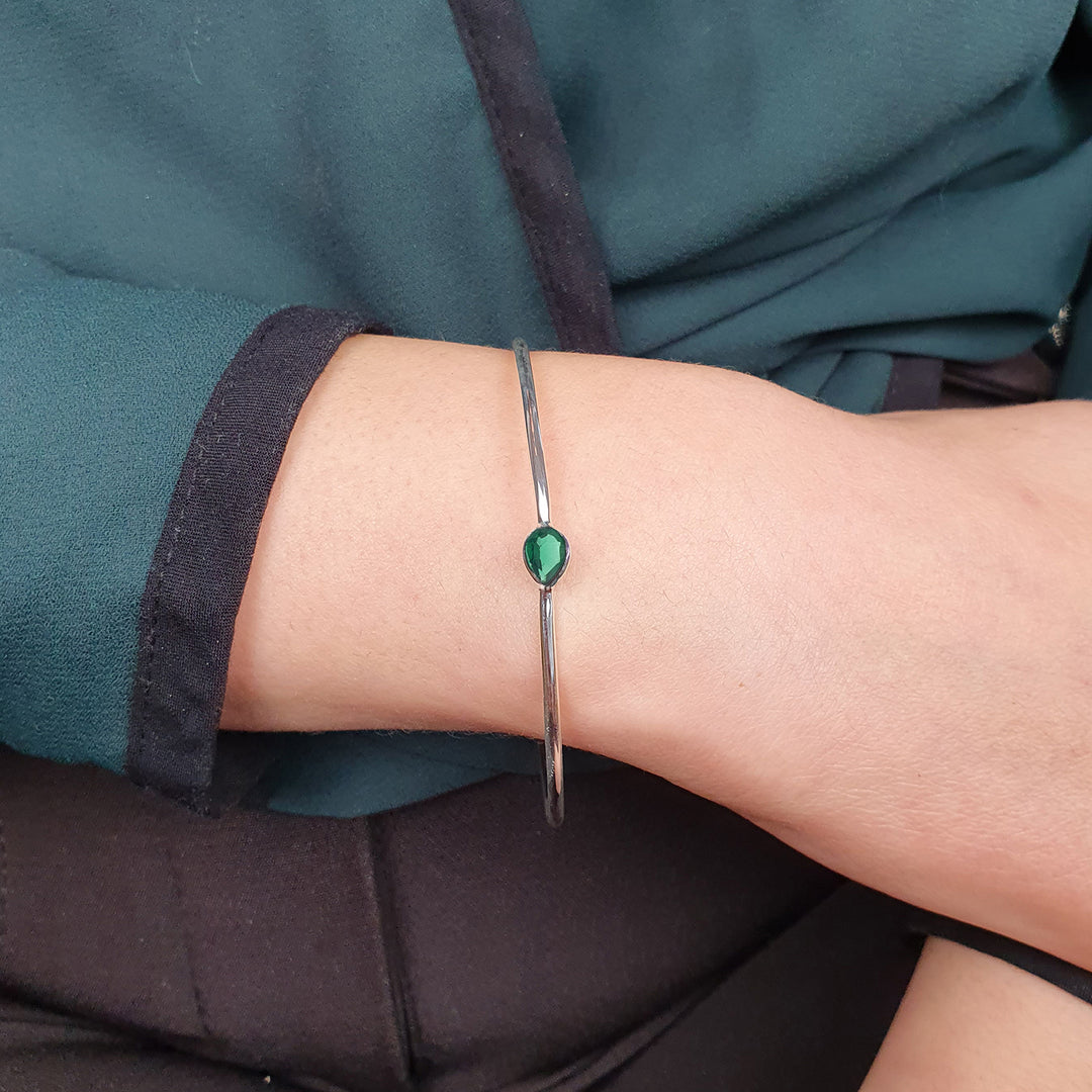 Minimalist Sterling Silver Emerald May Birthstone Bangle Bracelet