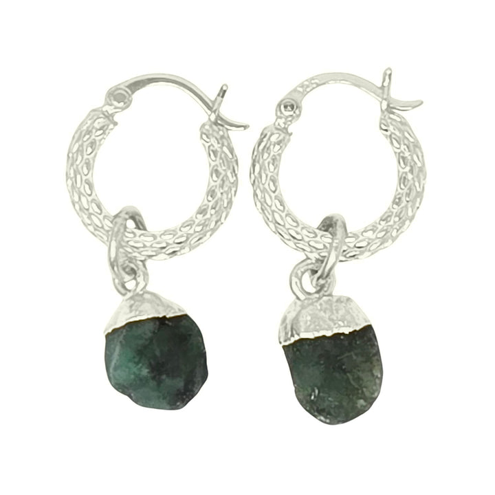 Raw Emerald May Birthstone Huggie Hoops Sterling Silver Gemstone Earrings