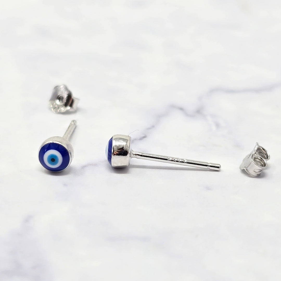 Turkish Evil Eye Nazar Protective Silver Stud Earrings