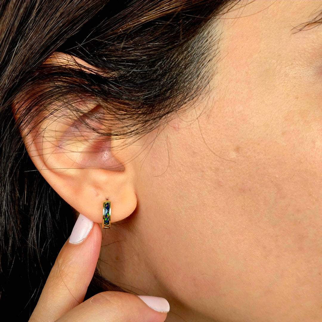 Forest Green Opal Huggie Hoop Gold Plated Earrings