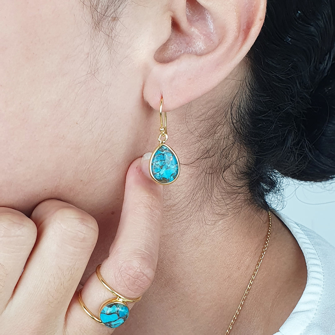 Blue Turquoise Gold Plated Teardrop Hook Earrings