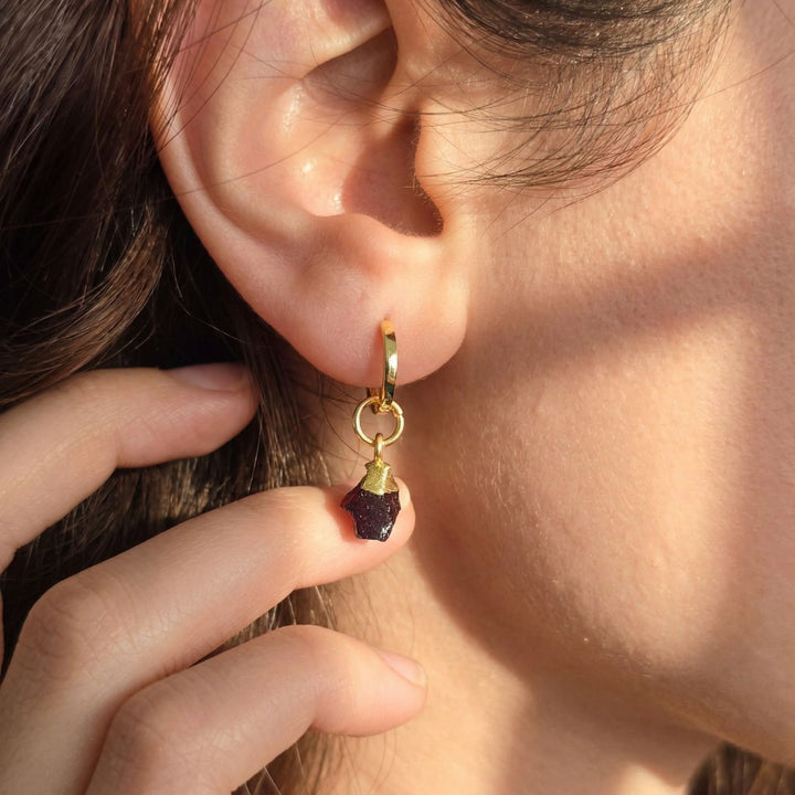 Raw Garnet January Birthstone Gold Plated Huggies