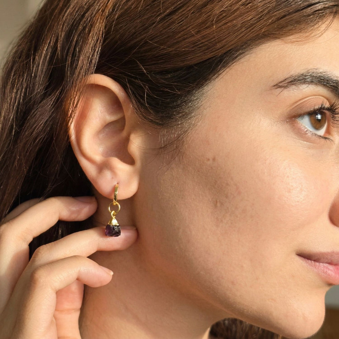 Raw Garnet January Birthstone Gold Plated Huggies