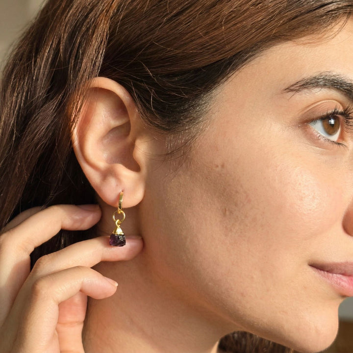 Raw Garnet January Birthstone Gold Plated Huggies