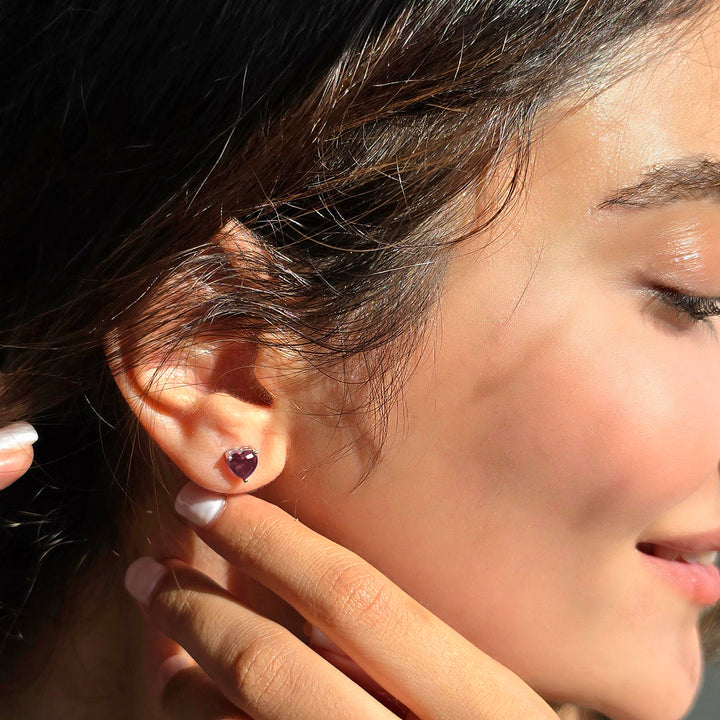 Garnet Heart Sterling Silver Stud Gemstone Earrings