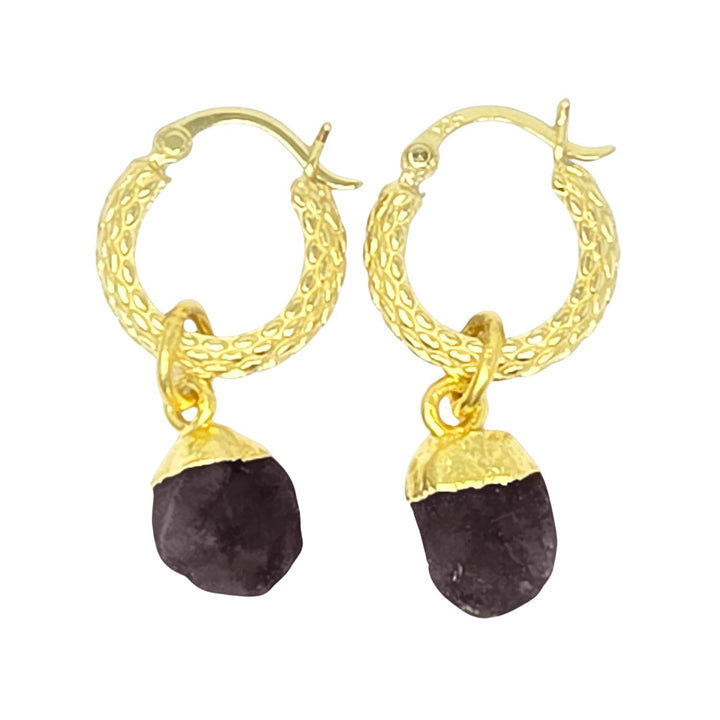 Raw Garnet January Birthstone Huggie Hoops Gold Vermeil Plated Gemstone Earrings