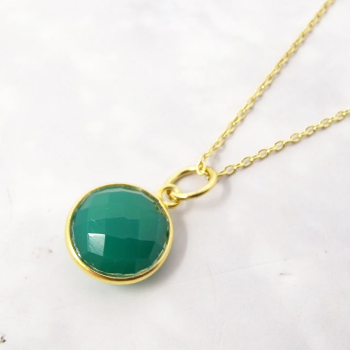 Gold Vermeil Plated Green Onyx May Birthstone Round Pendant Necklace