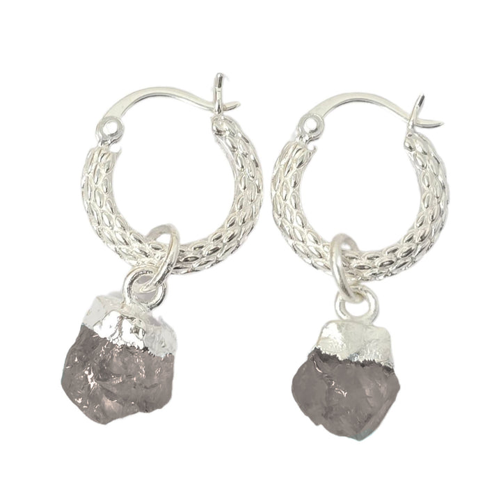 Raw Herkimer Diamond April Birthstone Huggie Hoops Sterling Silver Gemstone Earrings