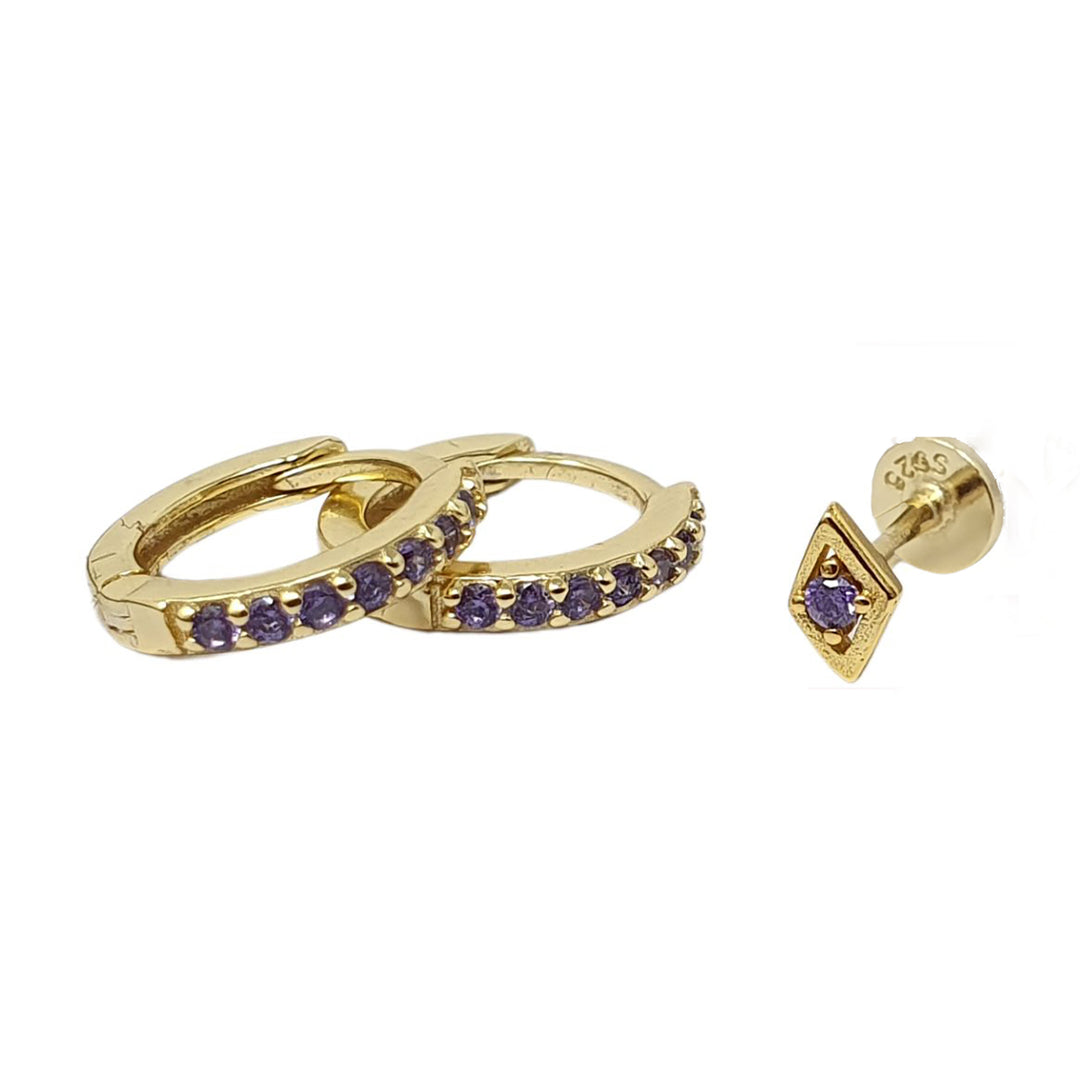 Amethyst February Birthstone Earring Duo: Cartilage Labret and Small Huggie Hoop Gift Set