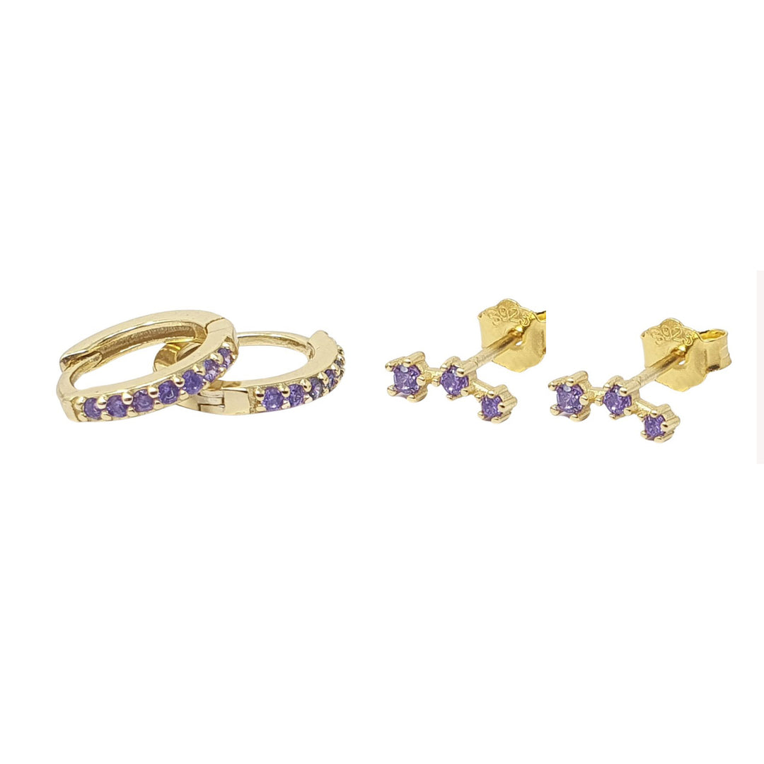 Amethyst February Birthstone Earring Gift Set: Small Huggie Hoops and Climber Studs