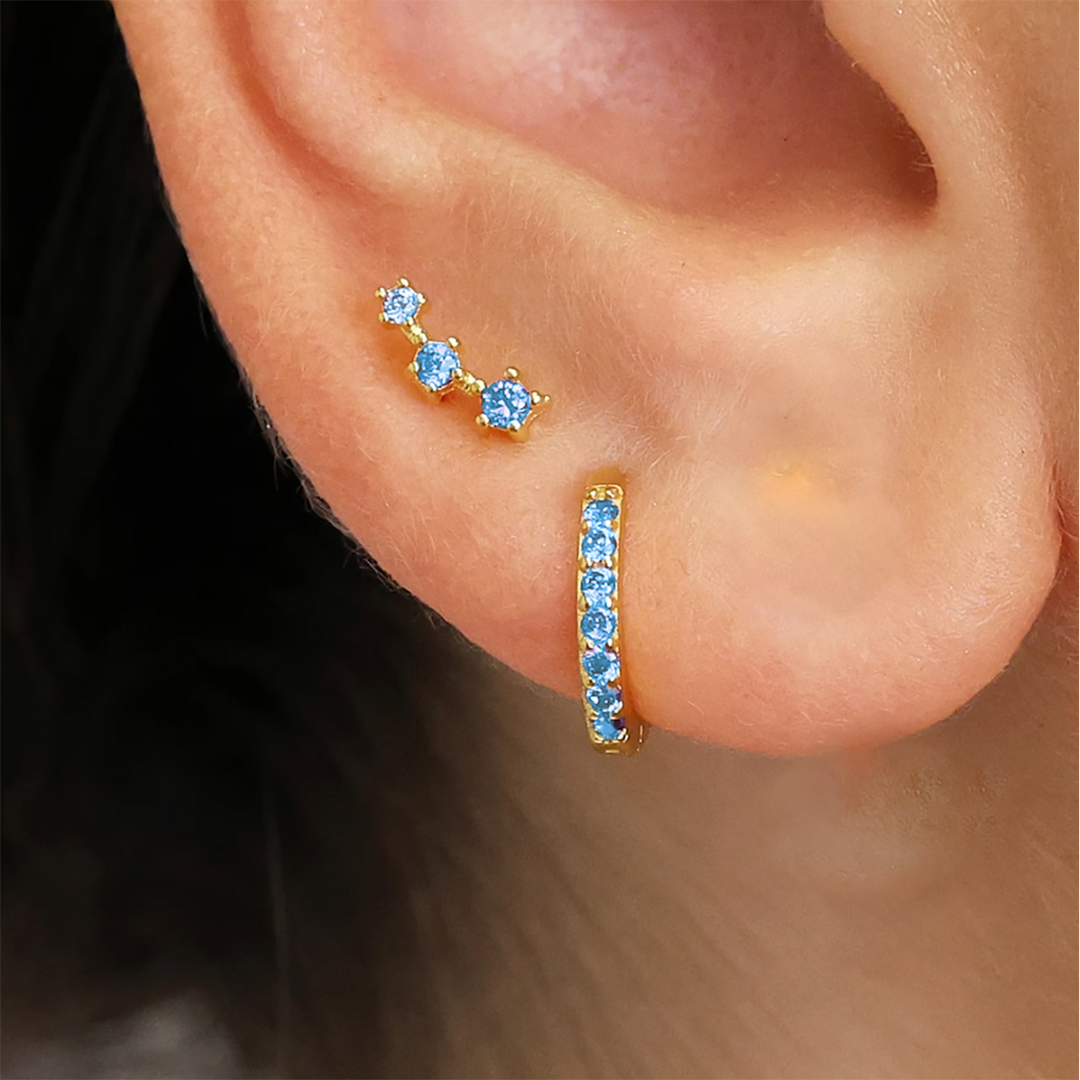 Aquamarine March Birthstone Earring Gift Set: Small Huggie Hoops and Climber Studs