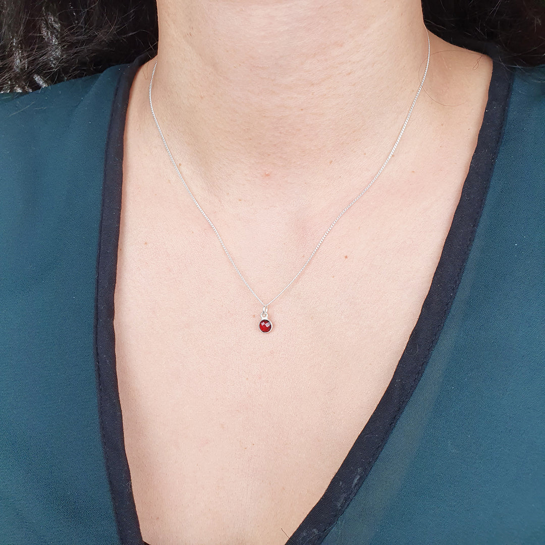 Mini Garnet Charm January Birthstone Silver Necklace