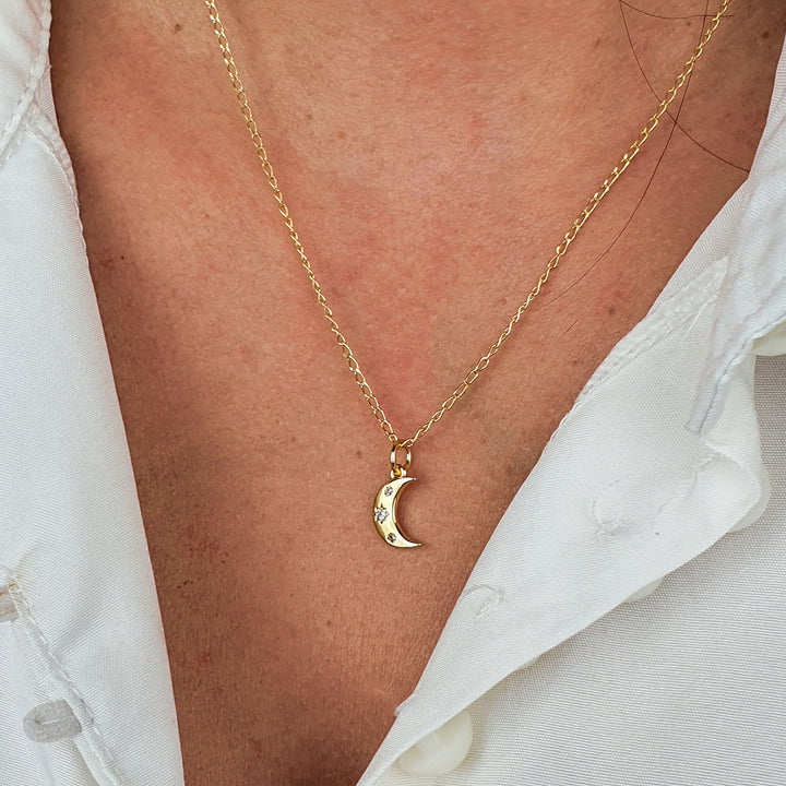 Gold Plated Crescent Moon Charm Cubic Zirconia Necklace