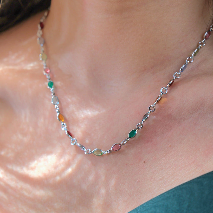 Colourful Multi Gemstone Sterling Silver Chain Necklace