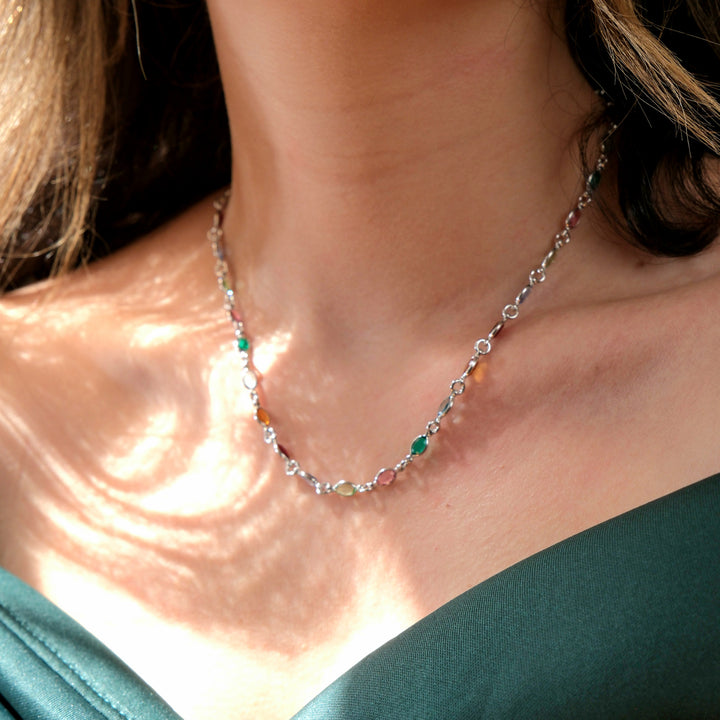 Colourful Multi Gemstone Sterling Silver Chain Necklace