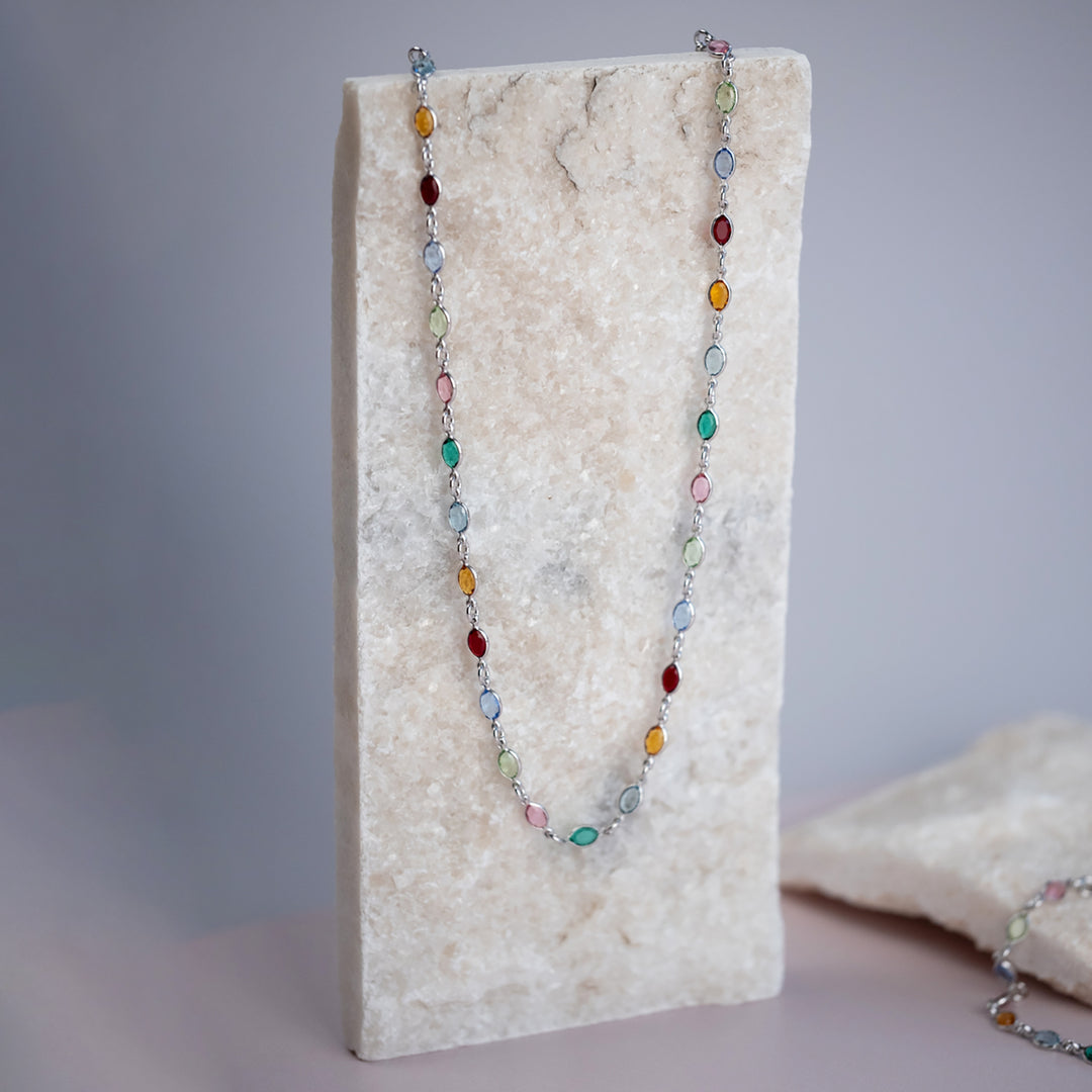 Colourful Multi Gemstone Sterling Silver Chain Necklace