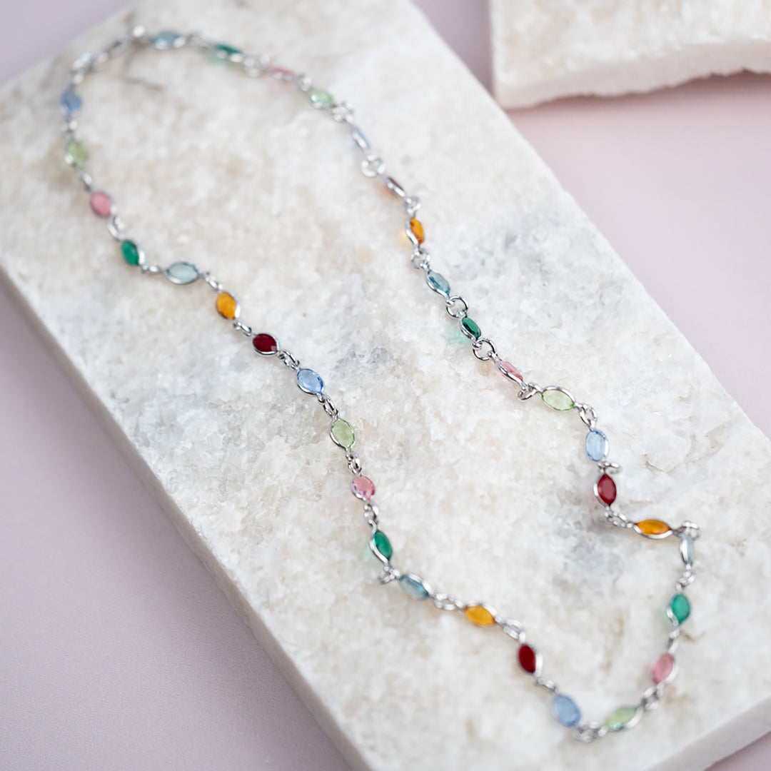 Colourful Multi Gemstone Sterling Silver Chain Necklace