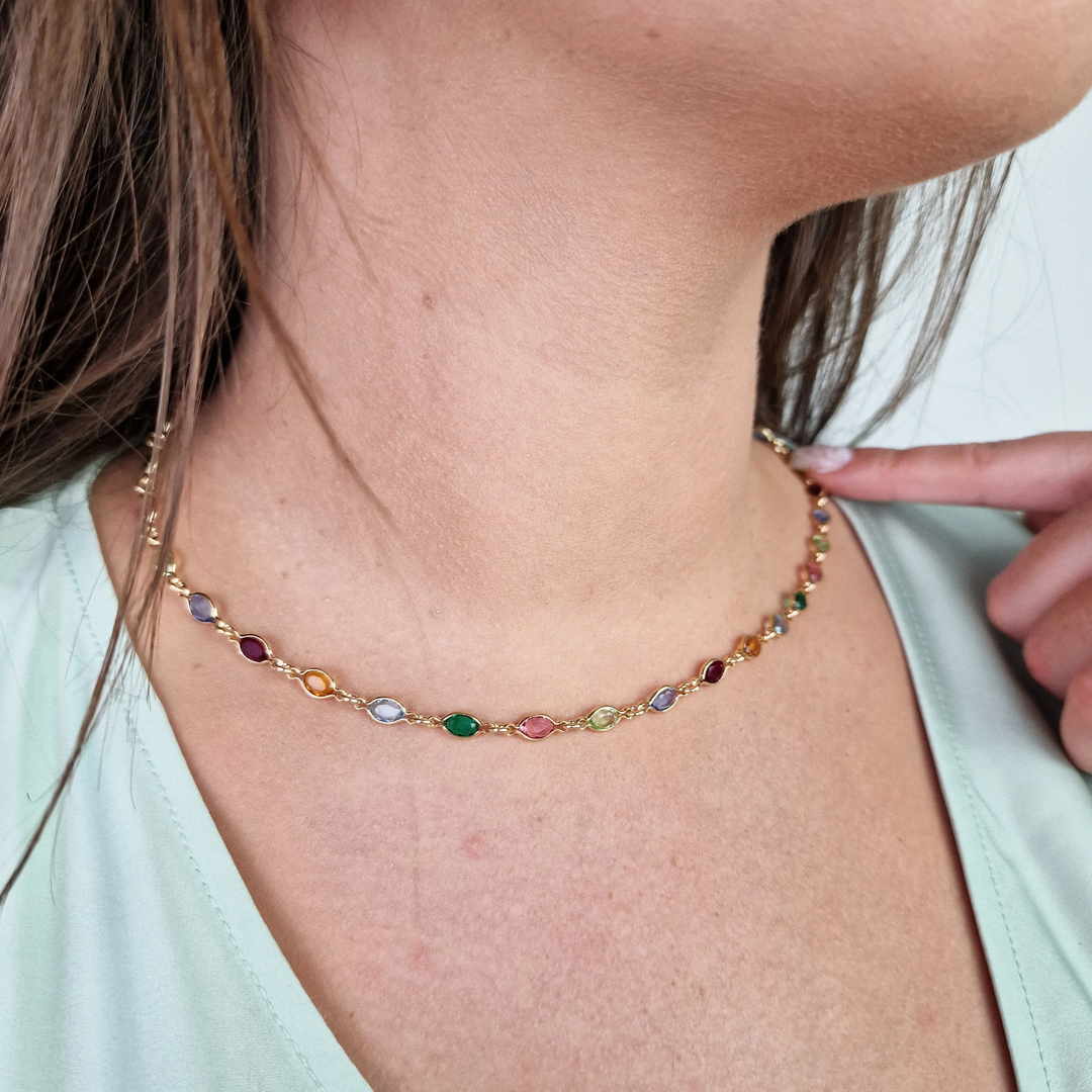 18ct Gold Vermeil Multi Gemstone Necklace, Colourful Gem Stone Necklace, Rainbow Birthstone Necklace, Multicoloured Crystal Necklace