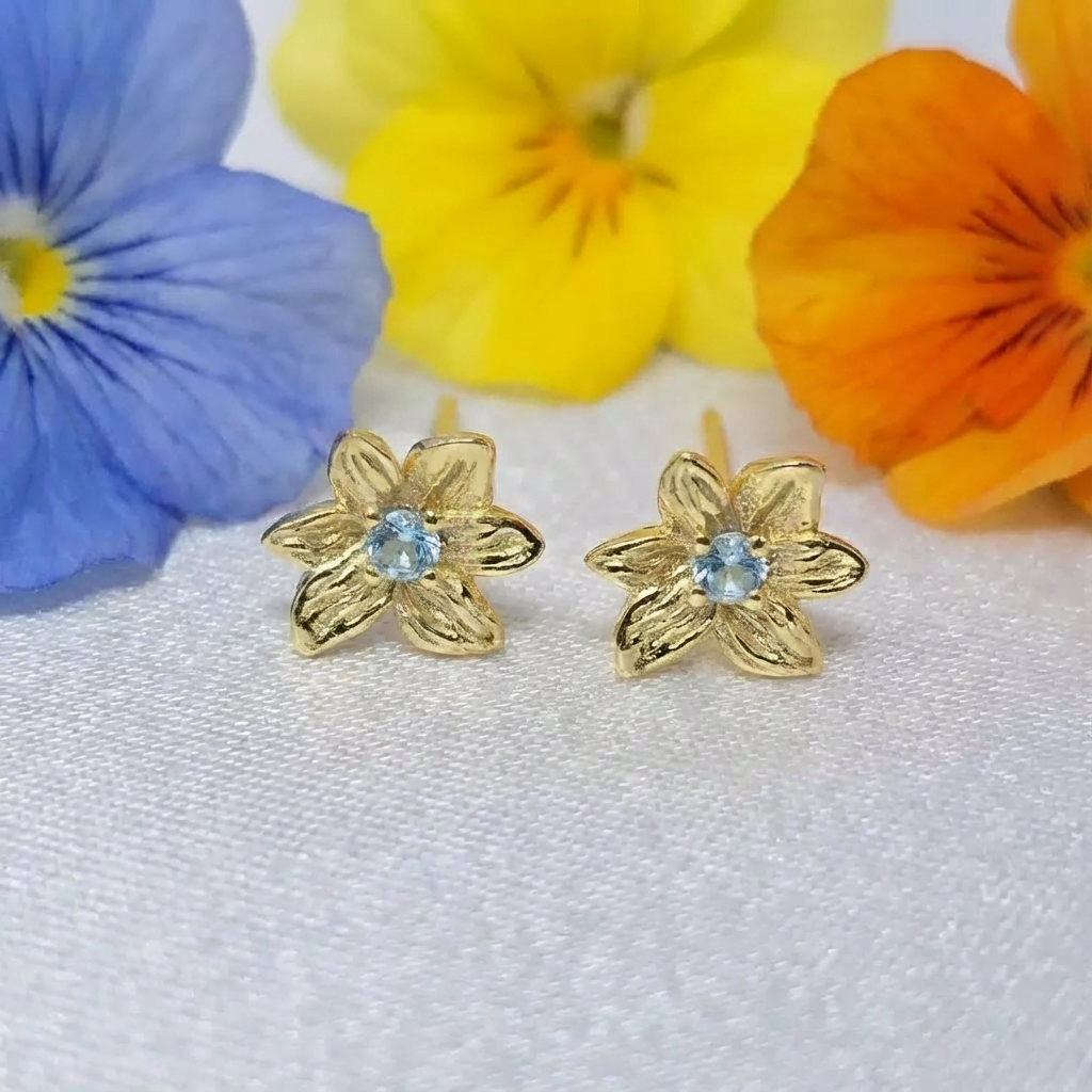 Aquamarine March Birthstone Daffodil Birthflower Gold Plated Stud Earrings