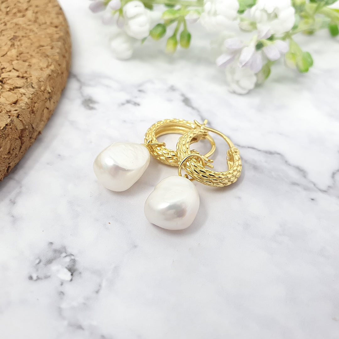 Elegant Gold Plated Basket Weave Hoop Earrings with Freshwater Pearl Charm