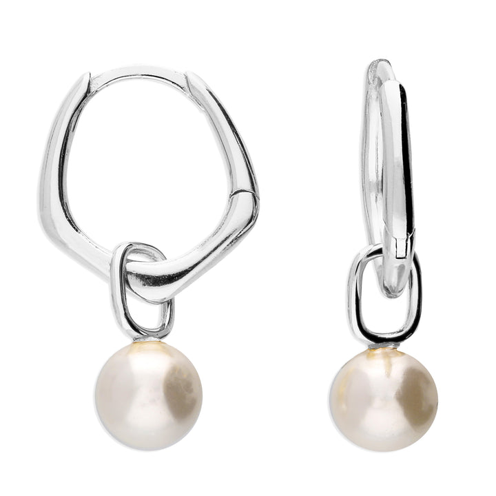 Unique Misshapen Sterling Silver Hoop Earrings with Synthetic Pearl Charm