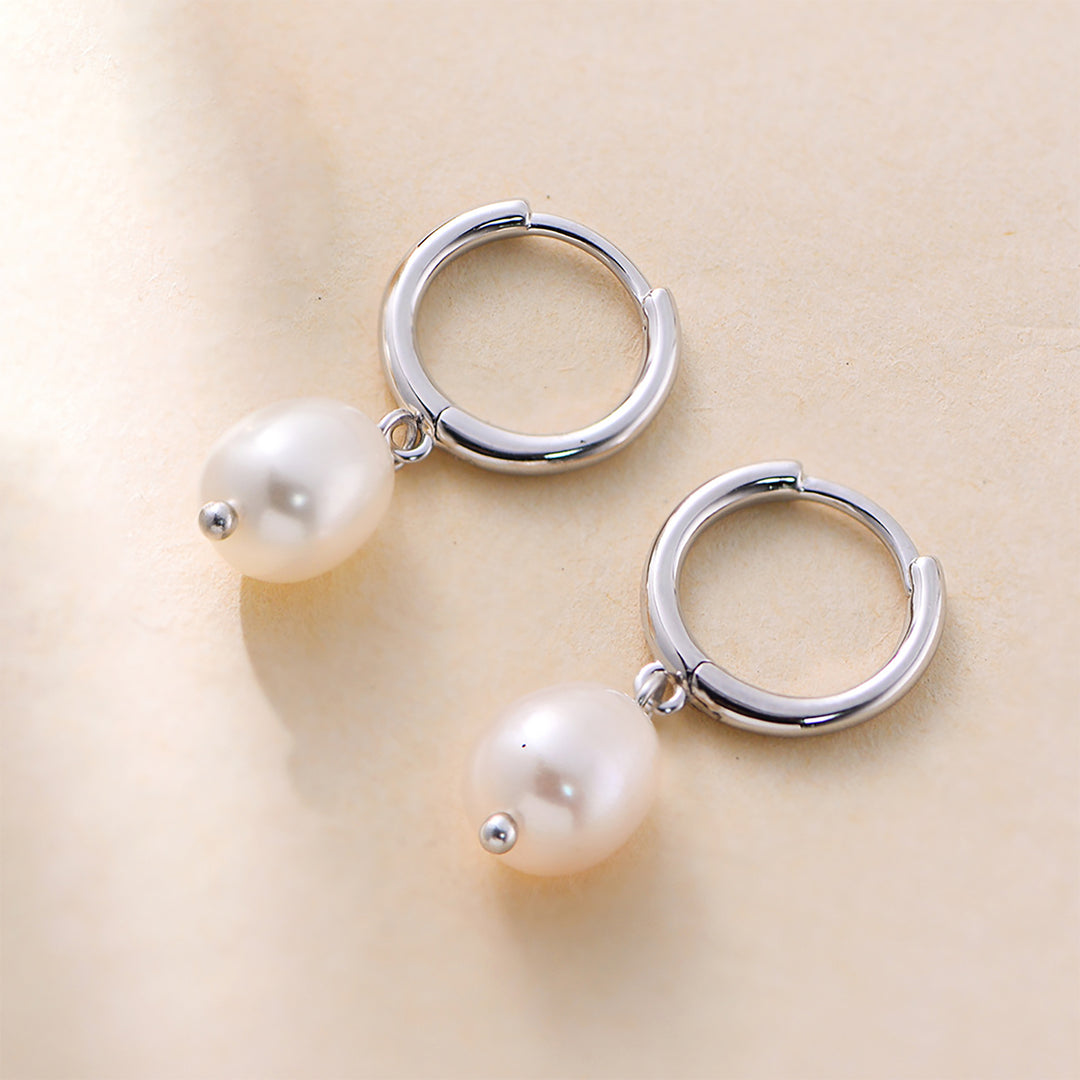 Minimalist Freshwater Pearl Silver Huggie Hoop Earrings