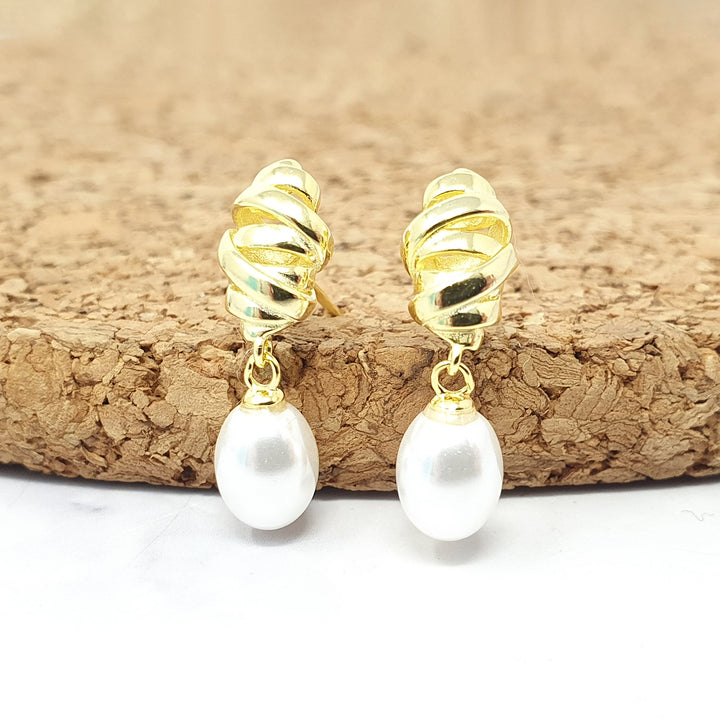 Gold plated minimalist twisted synthetic pearl stud earrings