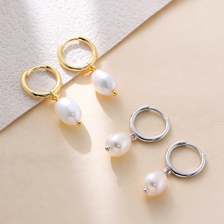 Minimalist Freshwater Pearl Silver Huggie Hoop Earrings