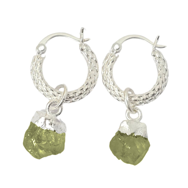 Raw Peridot August Birthstone Huggie Hoops Sterling Silver Gemstone Earrings