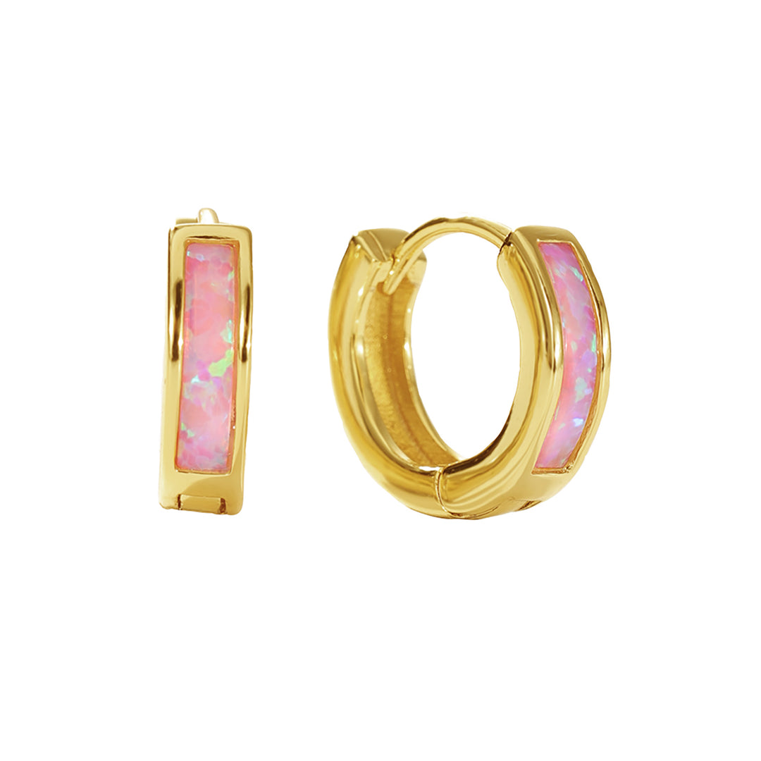 Pink Opal Inlay Huggie Hoop Gold Plated Earrings
