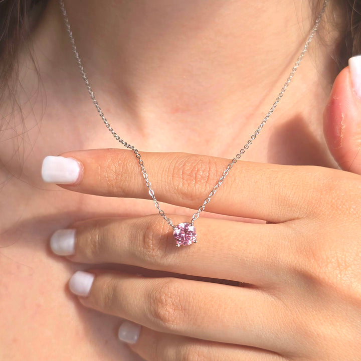 Pink Tourmaline Moissanite Crystal Silver Necklace