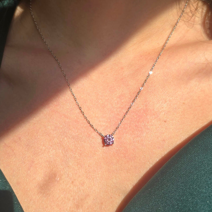 Pink Tourmaline Moissanite Crystal Silver Necklace