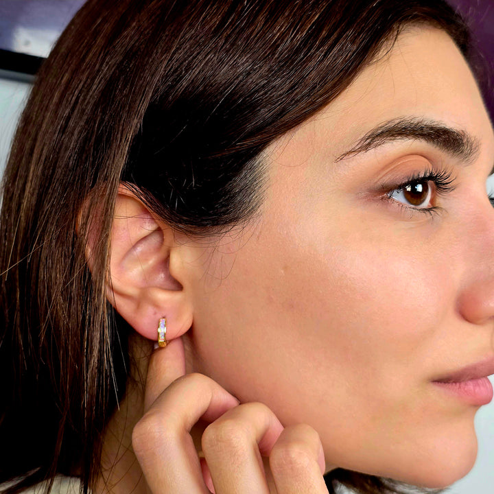 Pink Opal Inlay Huggie Hoop Gold Plated Earrings