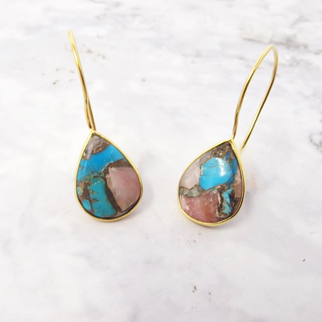 Pink Opal Turquoise Gold Plated Wire Drop Earrings