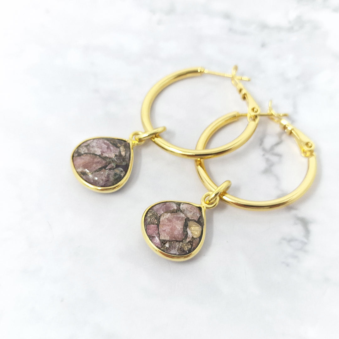 Pink Tourmaline October Birthstone Gold Plated Hoops