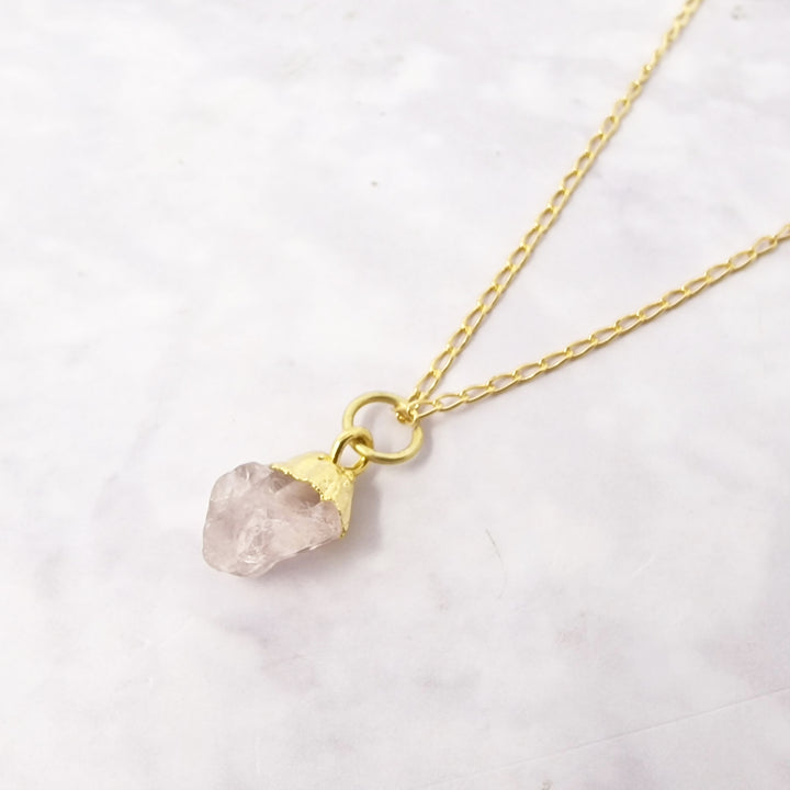 Raw Rose Quartz October Birthstone Gold Plated Necklace