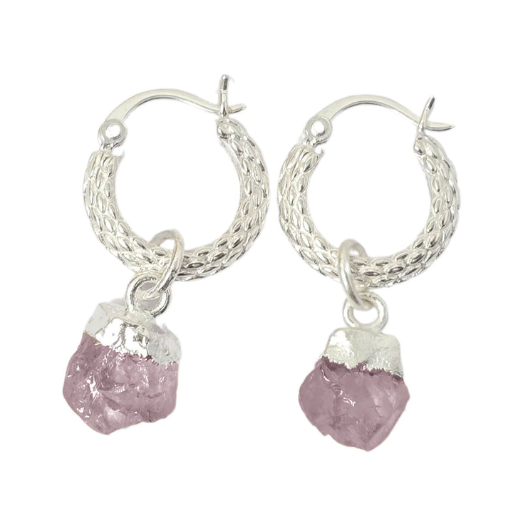 Raw Rose Quartz October Birthstone Huggie Hoops Sterling Silver Gemstone Earrings