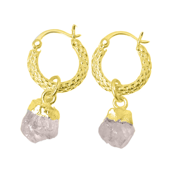 Raw Rose Quartz October Birthstone Huggie Hoops Gold Vermeil Plated Gemstone Earrings