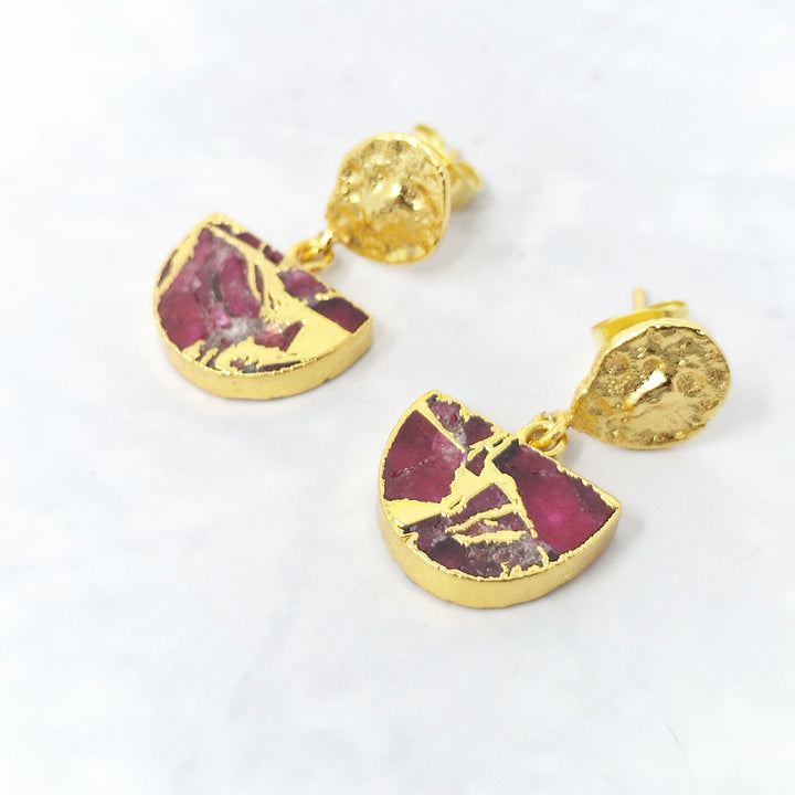 Hammered Ruby July Birthstone Gold Plated Earrings