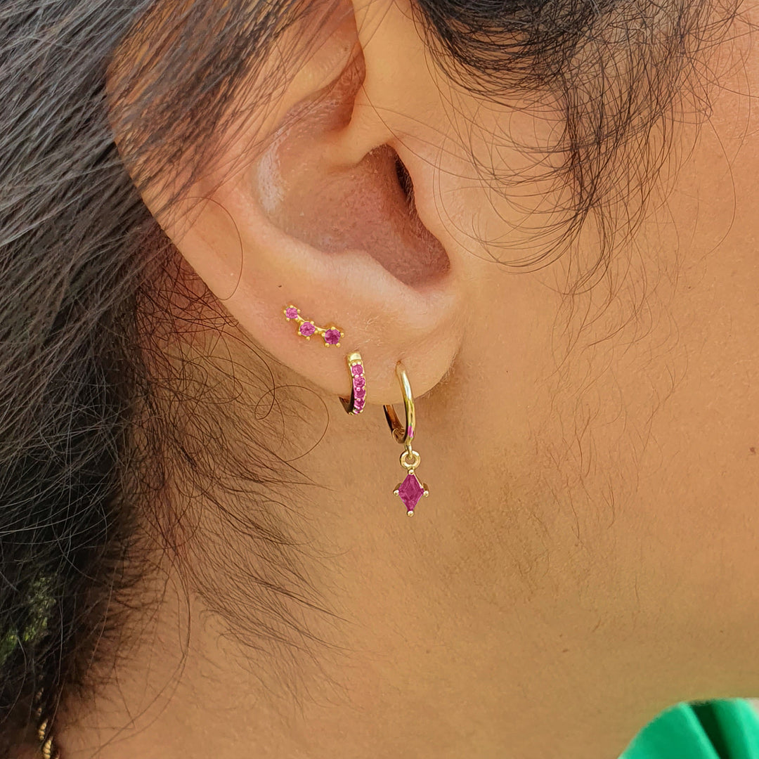 Minimalist Ruby July Birthstone Climber Stud Earrings