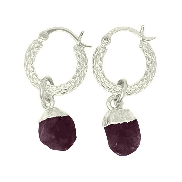 Raw Ruby July Birthstone Huggie Hoops Sterling Silver Gemstone Earrings