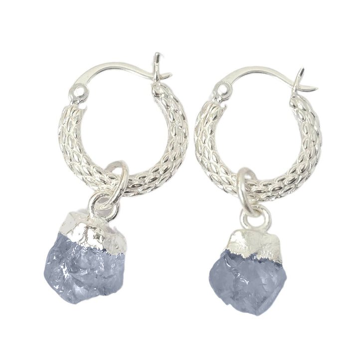 Raw Sapphire September Birthstone Huggie Hoops Sterling Silver Gemstone Earrings