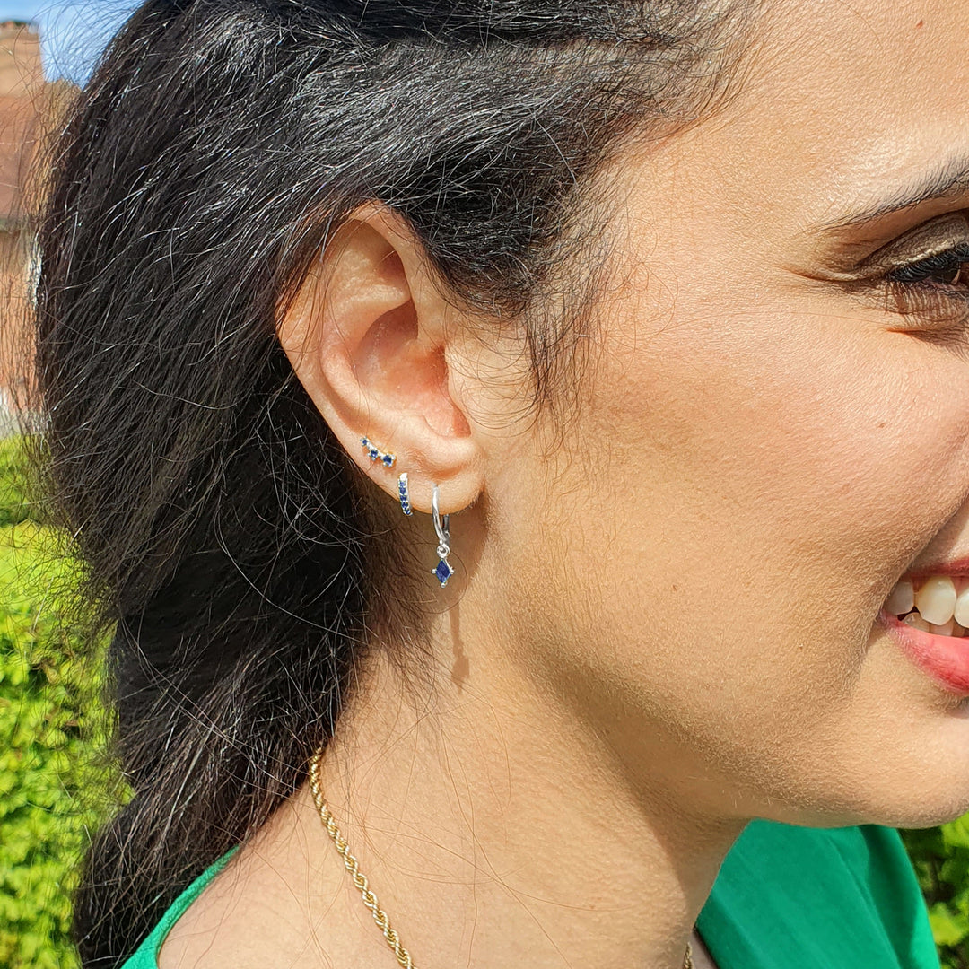 Sapphire September Birthstone Huggie Hoop Sterling Silver Earrings