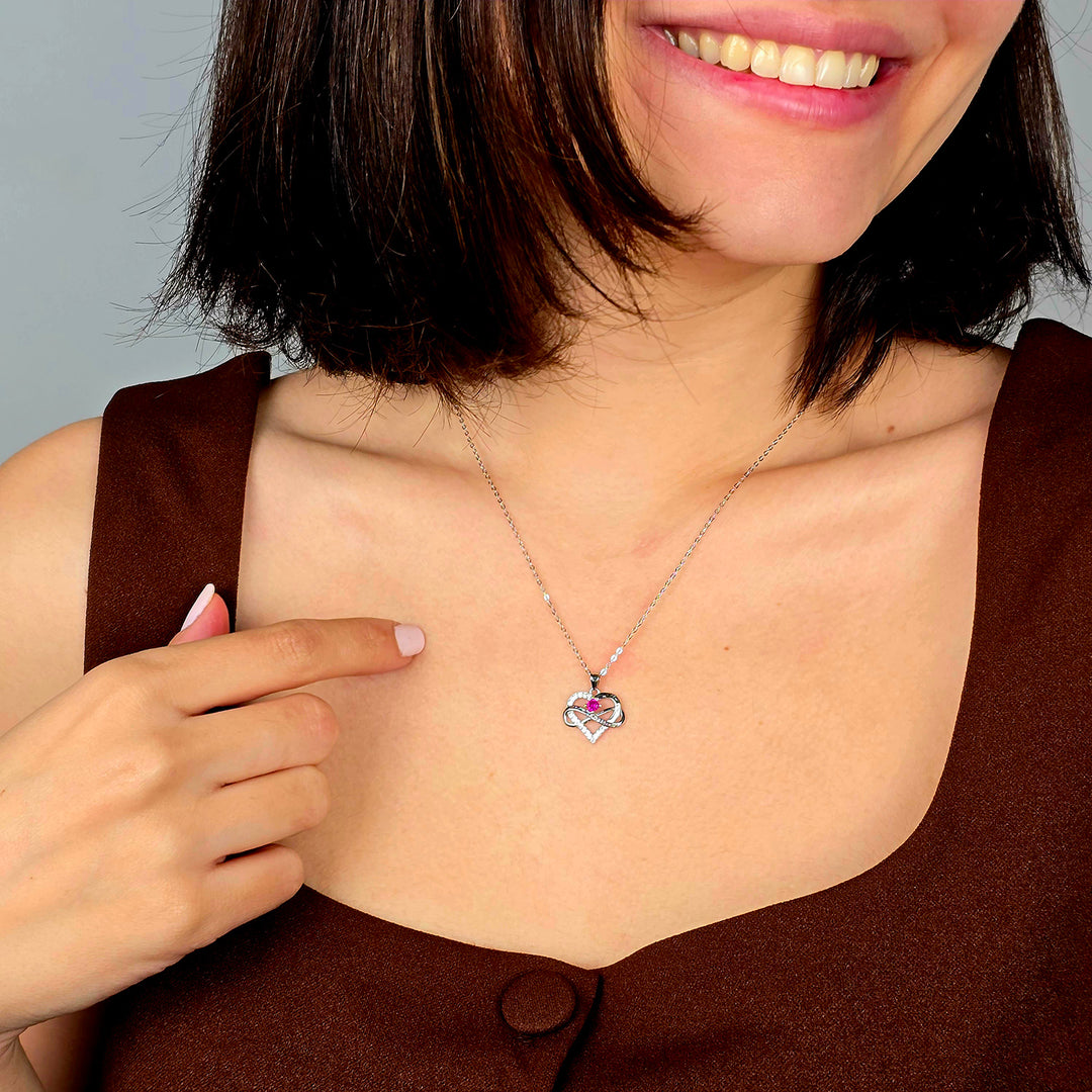 Ruby Gemstone Heart Romantic Love Silver Necklace